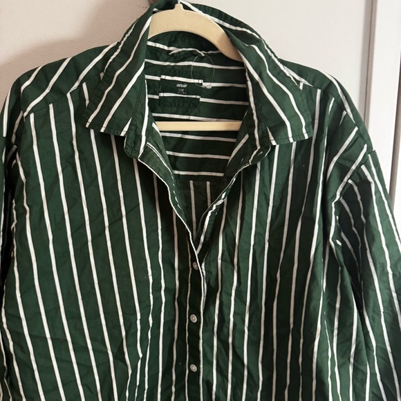 Aerie Good Day Cover Up Button Down Poplin Shirt - Green & White Striped - Picture 3 of 5